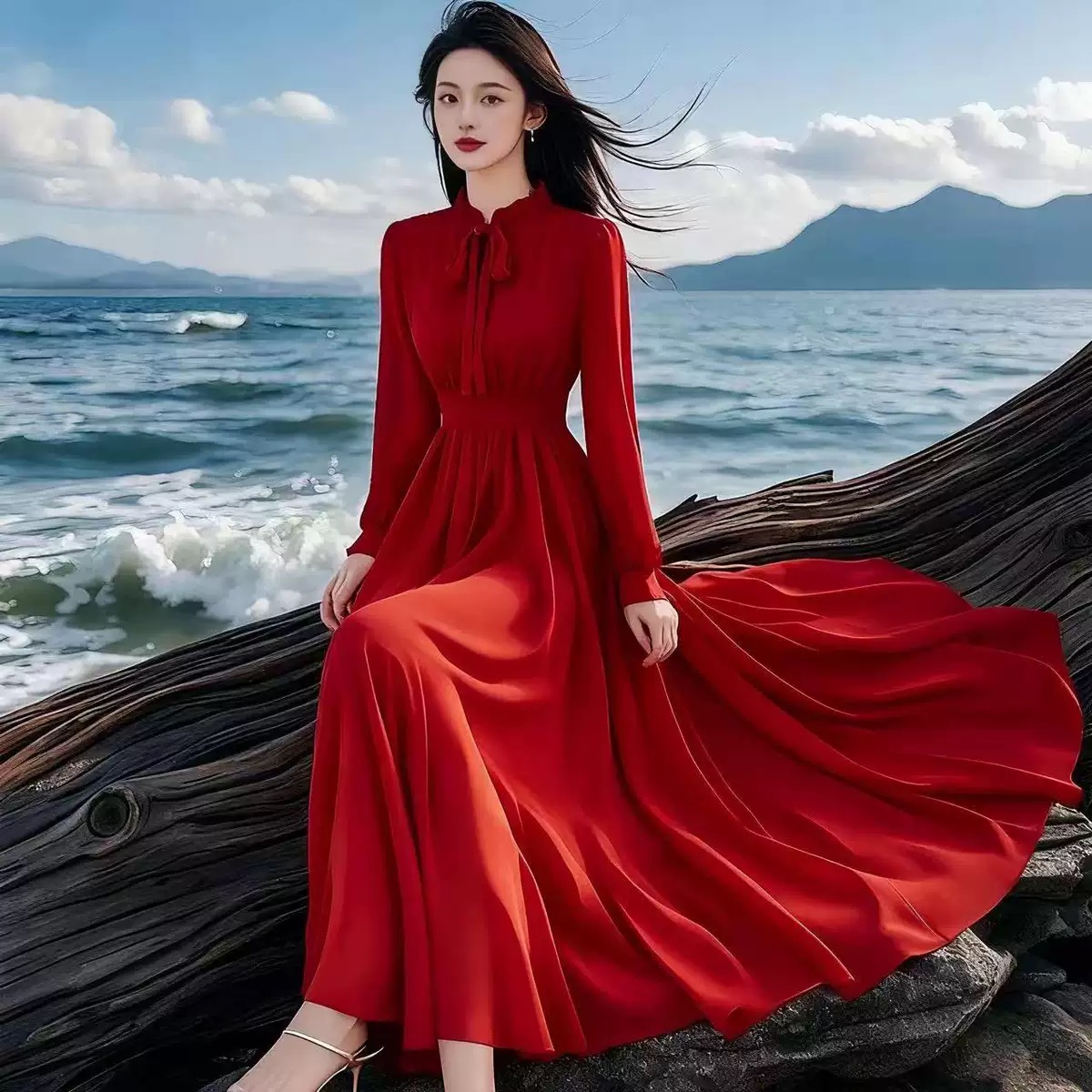 8547 Long-sleeved chiffon long dress for ladies - elegant beach dress for seaside vacation - wide skirt design