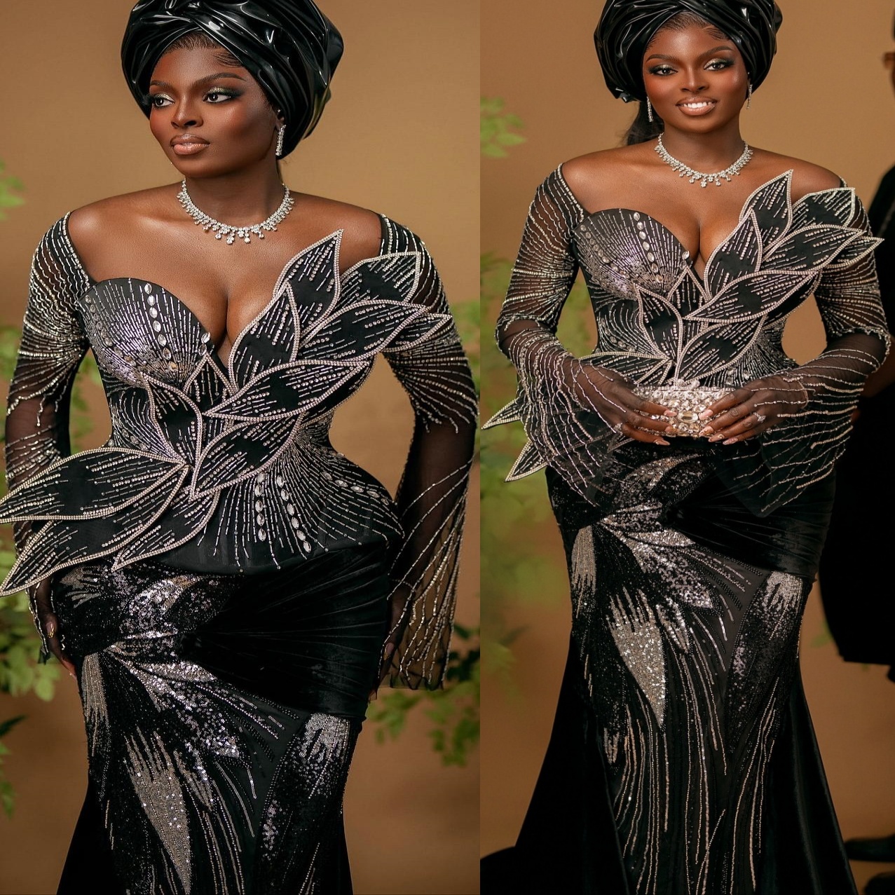 Aso Ebi Black Mermaid Prom Dresses 2026 Florals Crystals Full Sleeves Evening Formal Party Second Birthday Reception Gowns Dress For Special Occasions