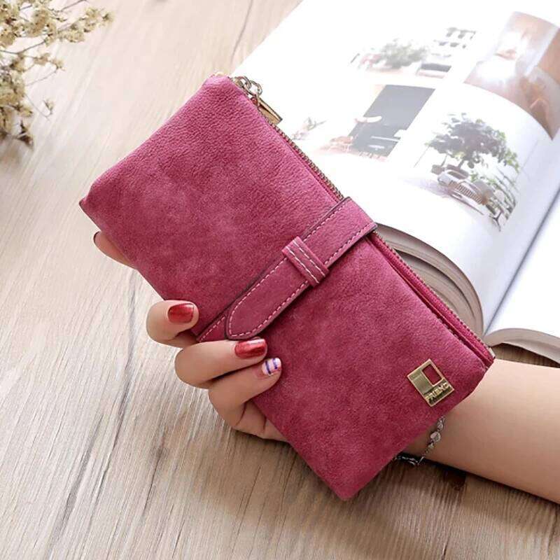 Vintage Women Long Standard Wallets Purse Fold Drawstring Nubuck Leather Zipper Suede Bag Female Simple Design Clutch Handbags