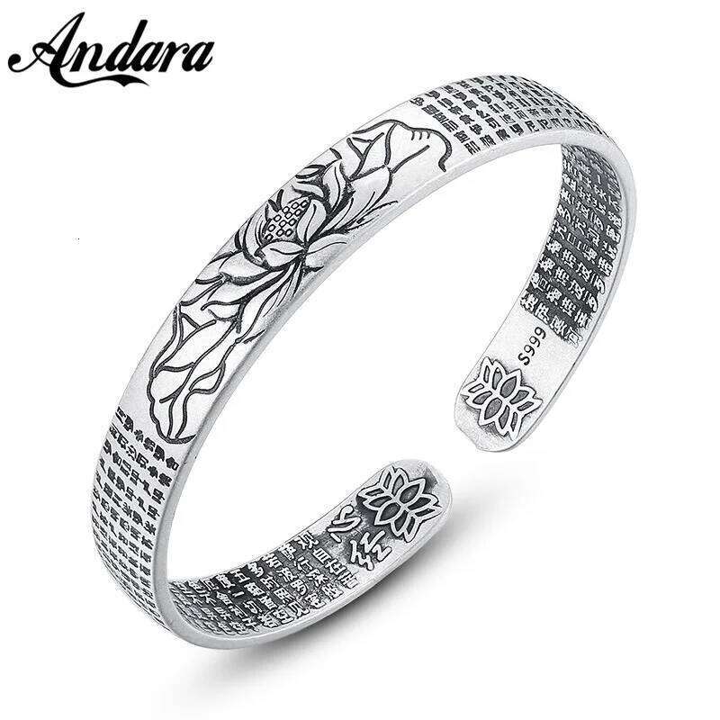 Vintage 925 Sterling Silver Great Compassion Mantra Lotus Heart Sutra Lucky Bracelet Men Women Jewelry Z260123