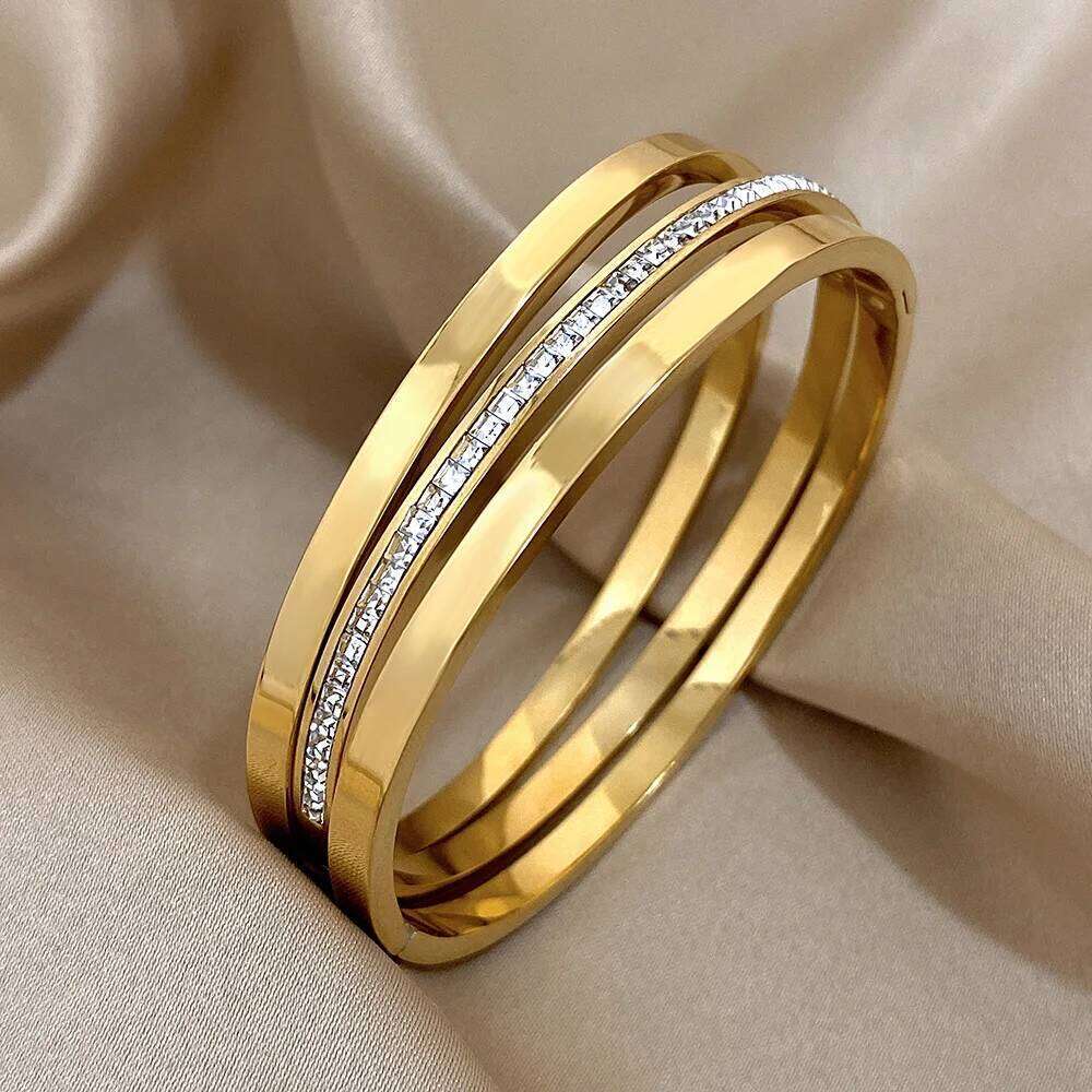 3pcs Glossy Rhinestone Stainless Steel Bangle for Women Luxury Gold Silver Color Wristband Bracelet Waterproof Jewelry Z260123