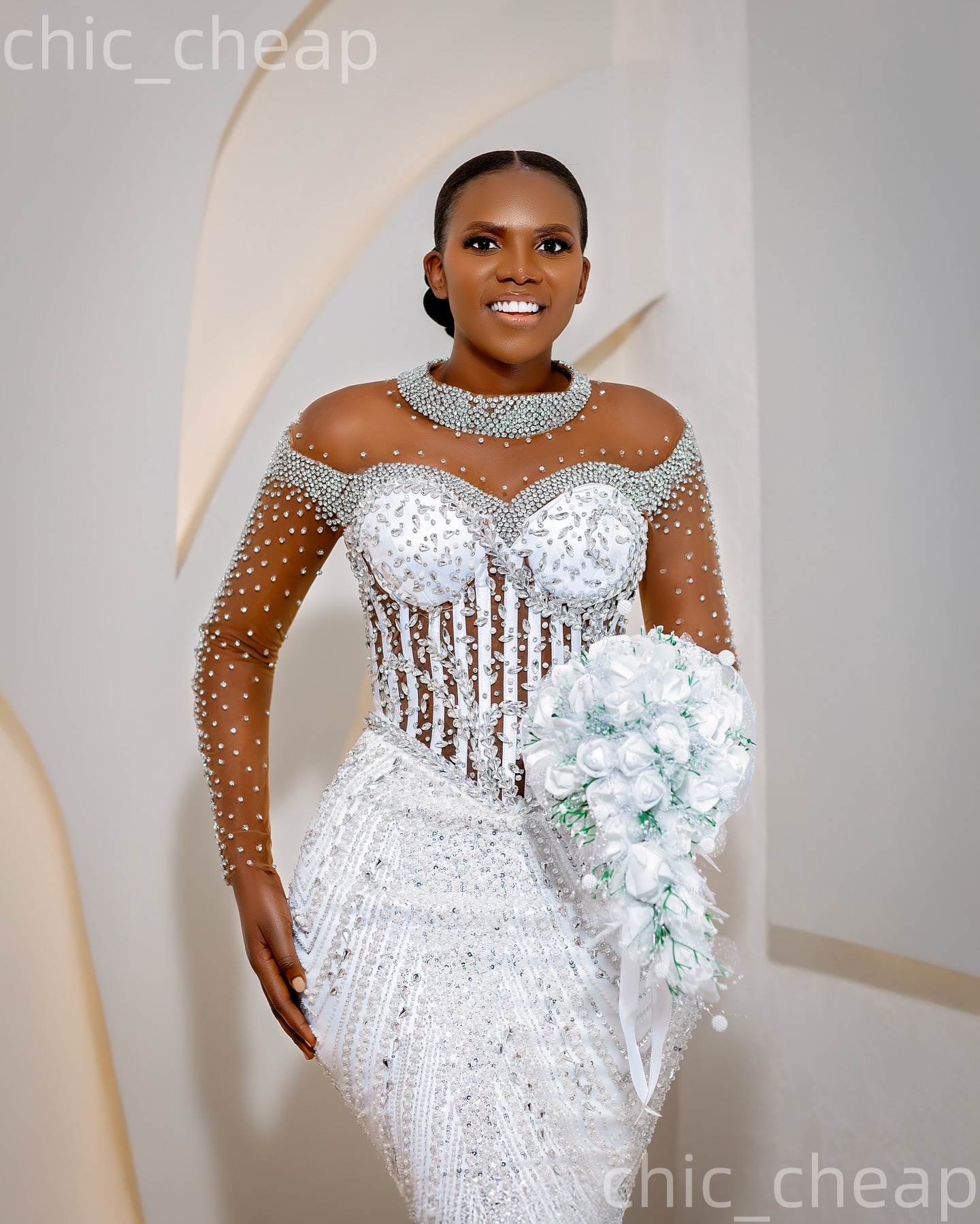 African Aso Ebi 2026 White Mermaid Wedding Dress Crystals Beaded Sheer Neck Sequined Detachable Train Luxurious Bridal Gowns Dresses ZJ2371