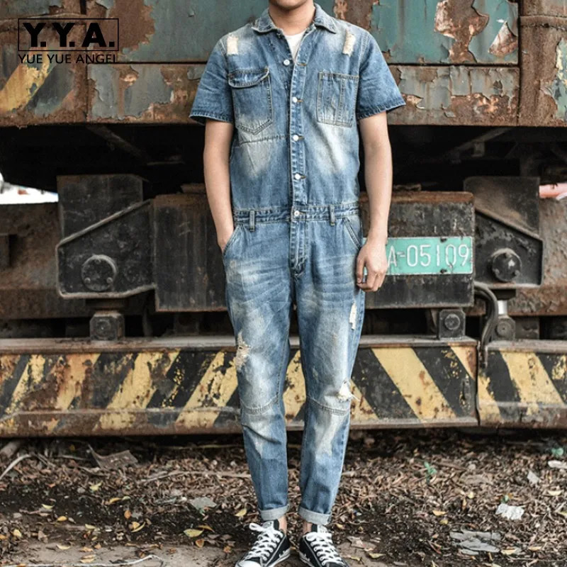 Japan Retro Mens Overalls Short Sleeved Denim Pants Casual Washed Jeans Jumpsuits Button Classic Hole Ripped Trousers 260120