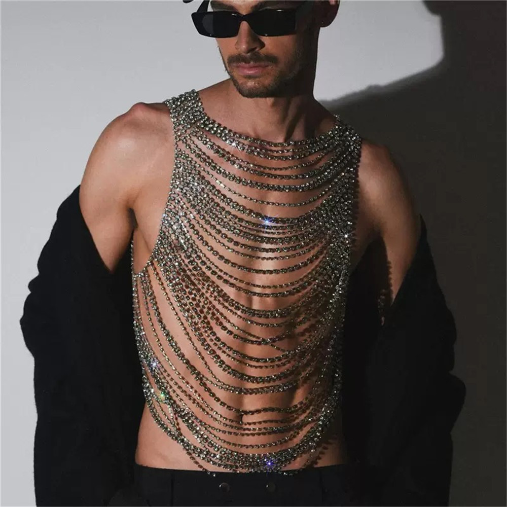Stage Wear Fashion Men Multi Layer Sparkling Metal Tassel Rhinestone Body Chain Sexy Club Back Chest Chain
