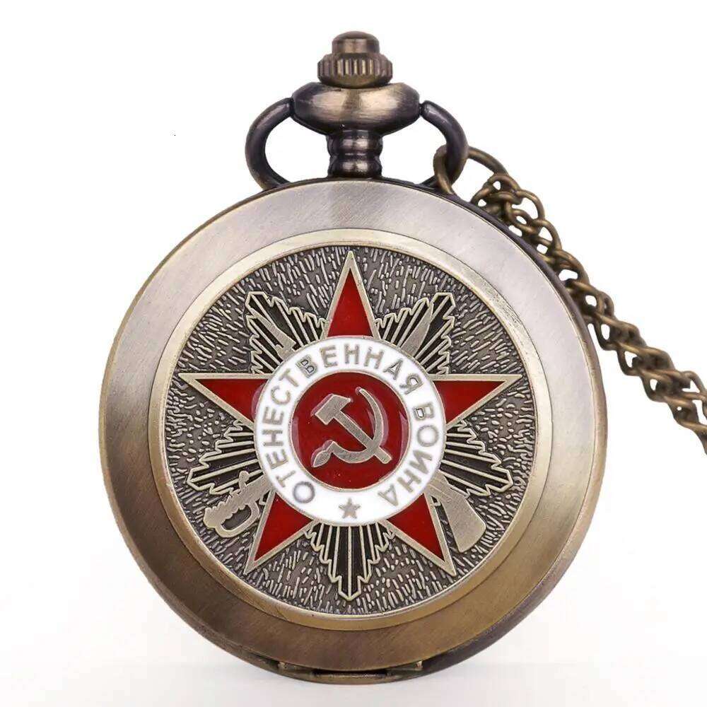 Classic USSR Pentagram Party Emblem Soviet Union Symbol Sickle Stylish Quartz Pocket Watches Chain CCCP Fob Watch 26W01123