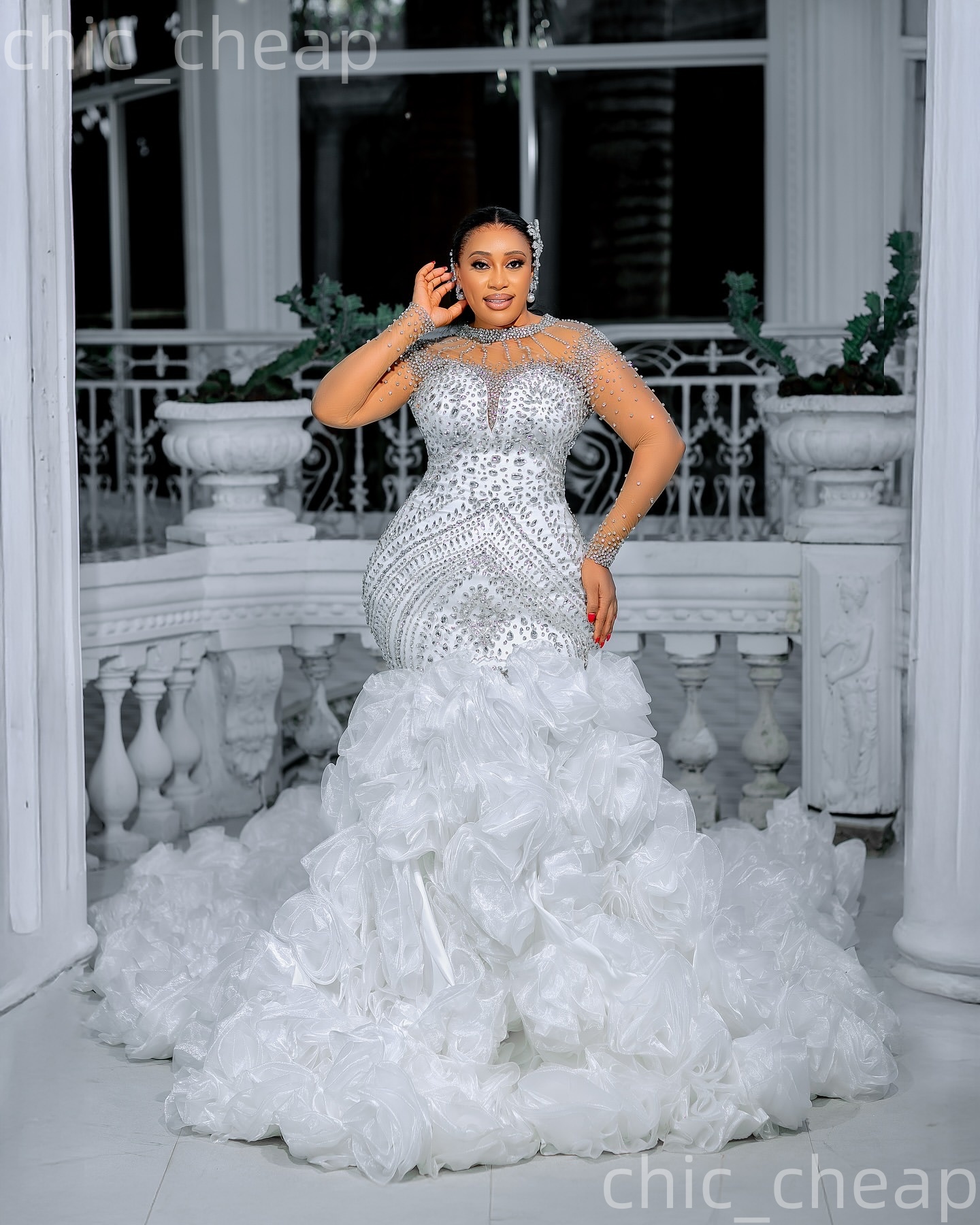 African Aso Ebi 2026 Ivory Mermaid Wedding Dress Luxurious Beaded Crystals Organza Tiers Sheer Neck Bridal Gowns Dresses ZJ2371