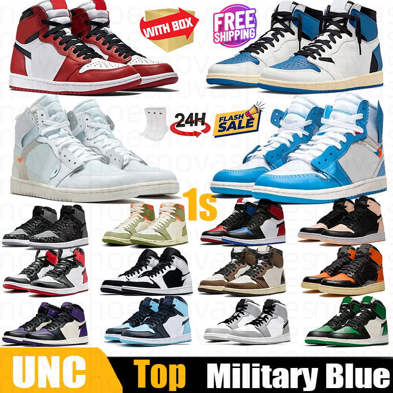 With Box Design Mens 1 Basketball Shoes High 1s Reverse Panda Palomino UNC Toe University Blue Lost And Found Lucky Green Washed Black Pink Men Women Sneakers