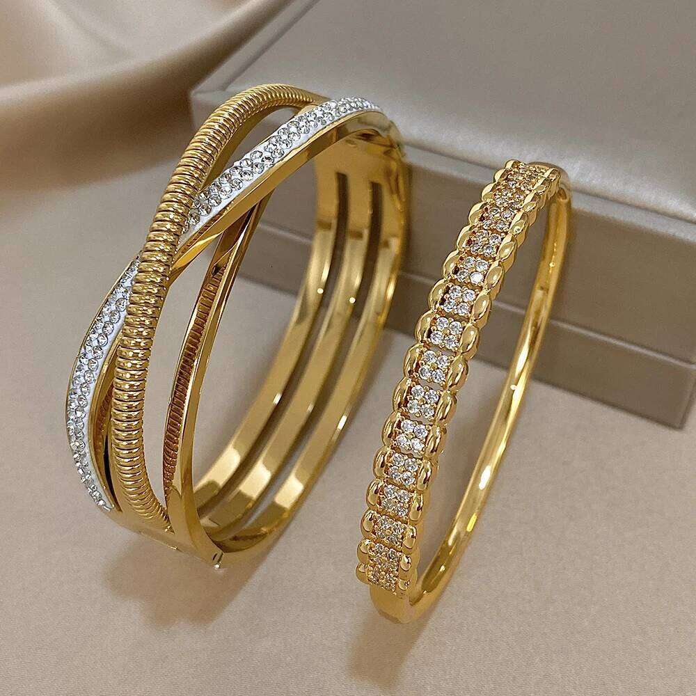 Crossed Rhinestone Stainless Steel Open Cuff Bangles Bracelets Fashion Charm Bracelet Jewelry Set Wrist Accessories Z260123