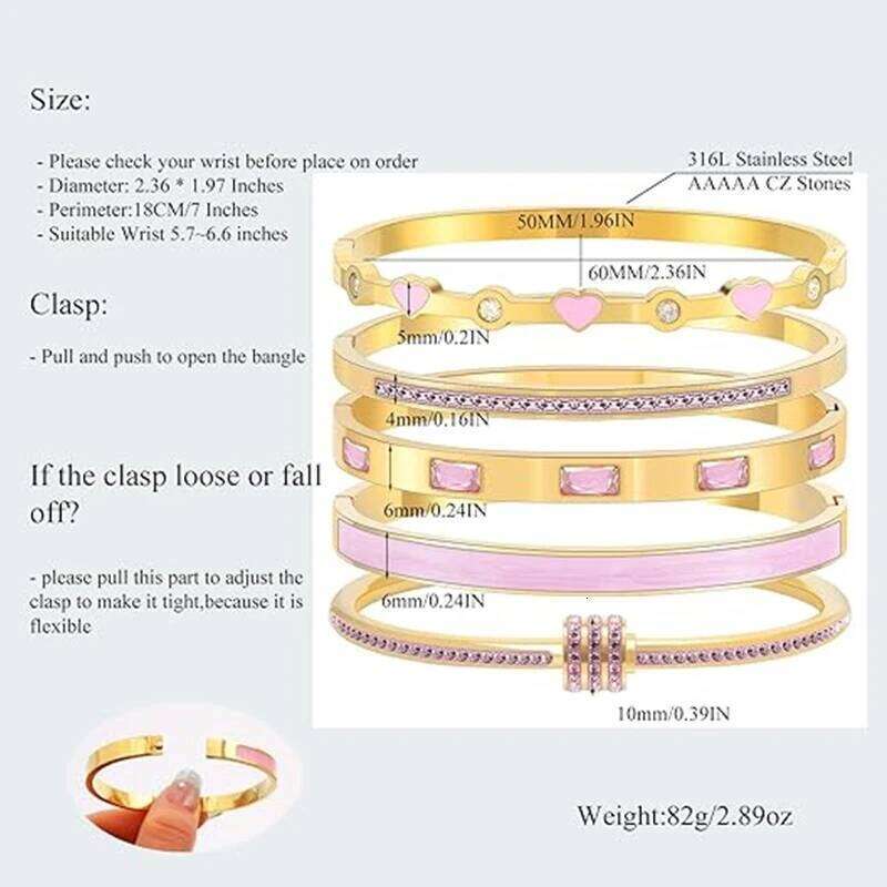 Stackable Color Bangle Set for Women - 18K Gold Plated Stainless Steel Pink Crystal Love Heart Bracelet Jewelry Z260123