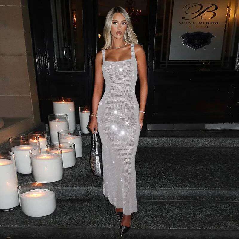 New Summer Sexy Sling Party Grey Glitter Back-length Long Ladies Dress Evening Dresses Female Clothing C260123