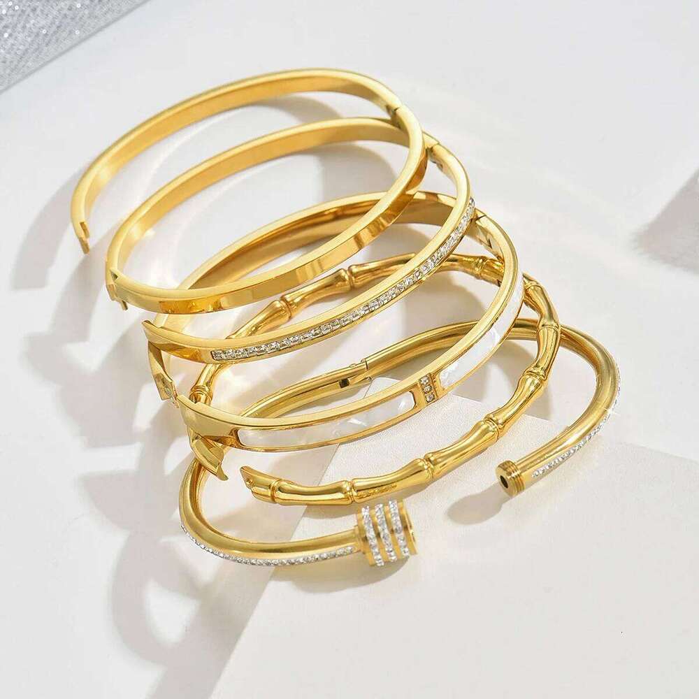 Stackable Gold Plated Bracelet for Women Her Crystal Pearl Bamboo Stainless Steel Bangles Daily Party Jewelry 2025 Trendy Gift Z260123