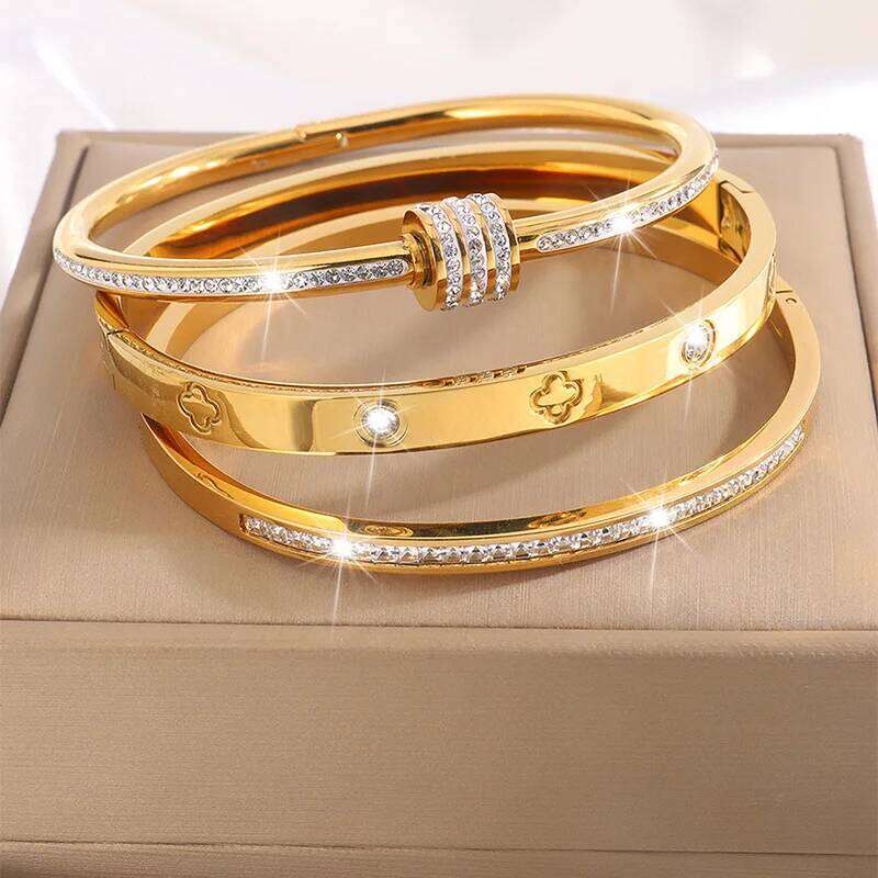 3pcs Gypsophila Diamond-Encrusted Stainless Steel Simple And Versatile Bracelet For Daily Matching Z260123