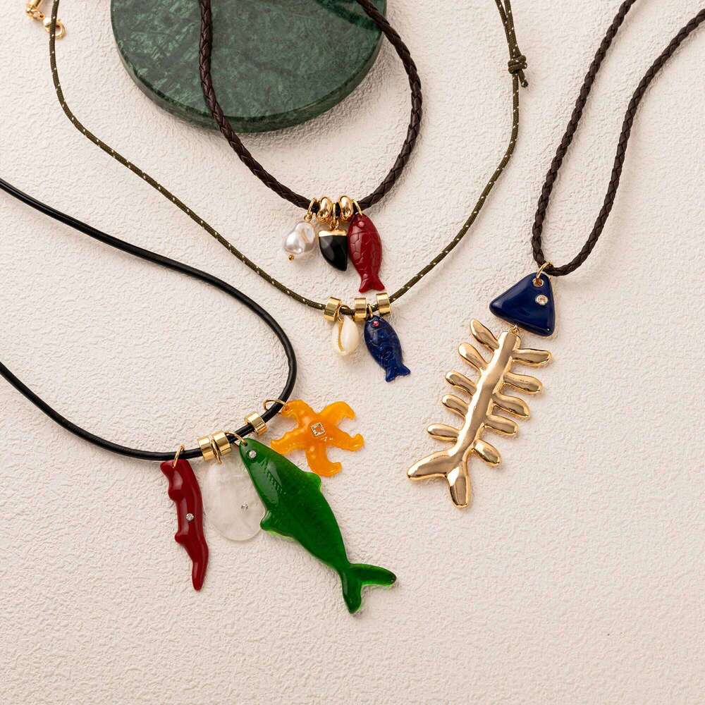 Copper Material Multi Pendant Summer Ocean Small Starfish Fish Bone Rope Necklace Gold Plated Color Preserved Z260123