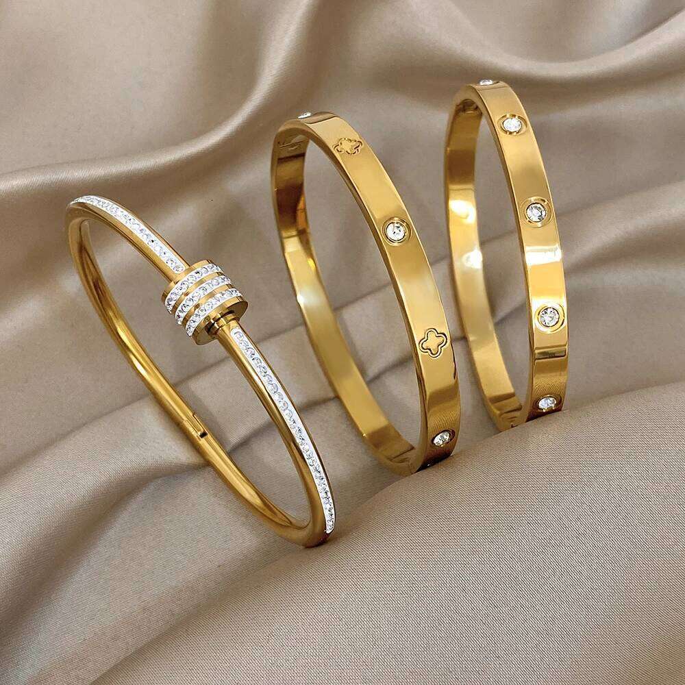 Luxury Stackable Zircon Stainless Steel Cuff Bracelet Women Simple Round Geometry Gold Color Spring Bangle Party Jewelry Gift Z260123