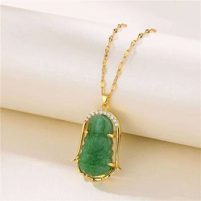 Elegant Green Guanyin Pendant Stainless Steel Necklaces For Women Vintage Style Lucky Guard Female Neck Chain Jewelry Wholesale Z260123
