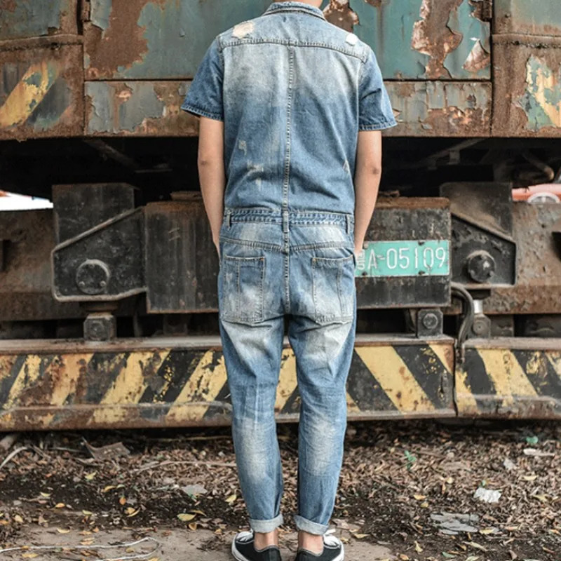 Japan Retro Mens Overalls Short Sleeved Denim Pants Casual Washed Jeans Jumpsuits Button Classic Hole Ripped Trousers 260120