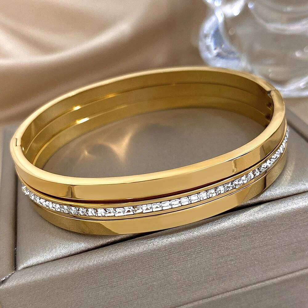 3pcs Glossy Rhinestone Stainless Steel Bangle for Women Luxury Gold Silver Color Wristband Bracelet Waterproof Jewelry Z260123