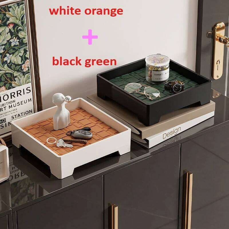 Rectangular Wooden Entryway Storage Tray with Black Leather Accents Tea Tray Aromatherapy Tray Home Decor Tray for the Living Room