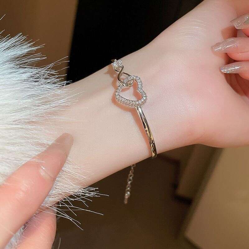 Bracelet Rose Gold Plated Crystal Accented Open Heart with Eternal Knot Design for Romantic Anniversary and Birthday Gift High Quality Texture