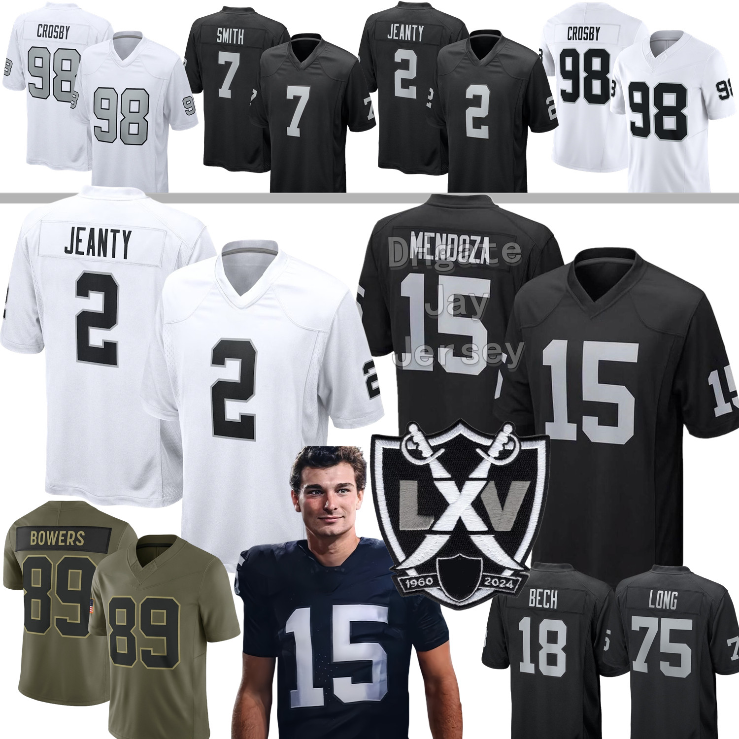 Football Jersey Ashton Jeanty #15 Fernando Mendoz Maxx Crosby Brock Bowers Geno Smith Bo Jackson Charles Woodson Jakobi Meyers O'Connell Zamir Devin White Tatum BECH