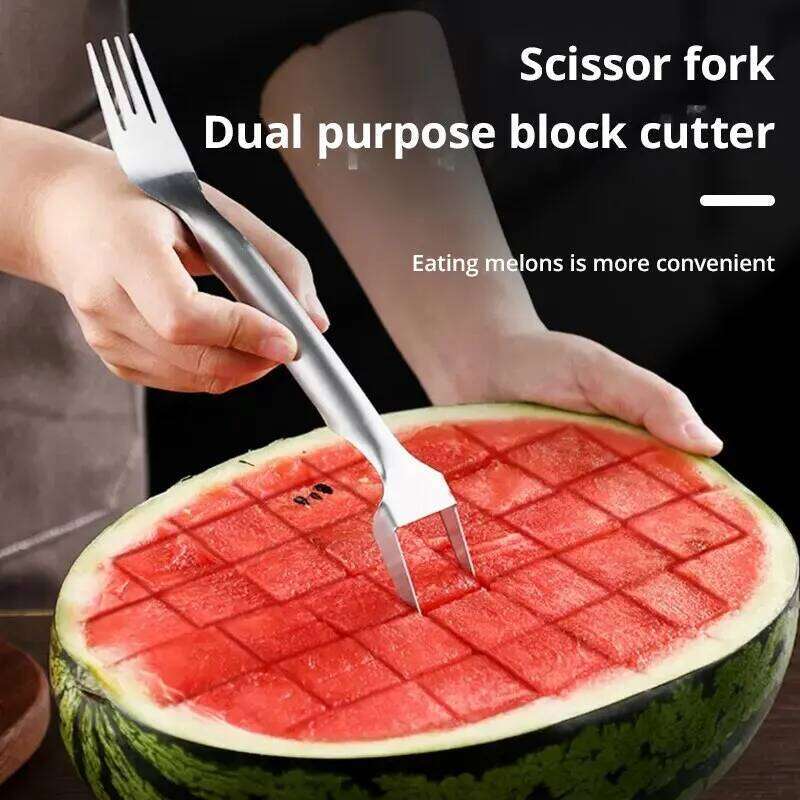 1pc Multi-purpose Portable 2In1 Watermelon Slicer Cutter Knife Stainless Steel Kitchen Fruit Cutting Fork