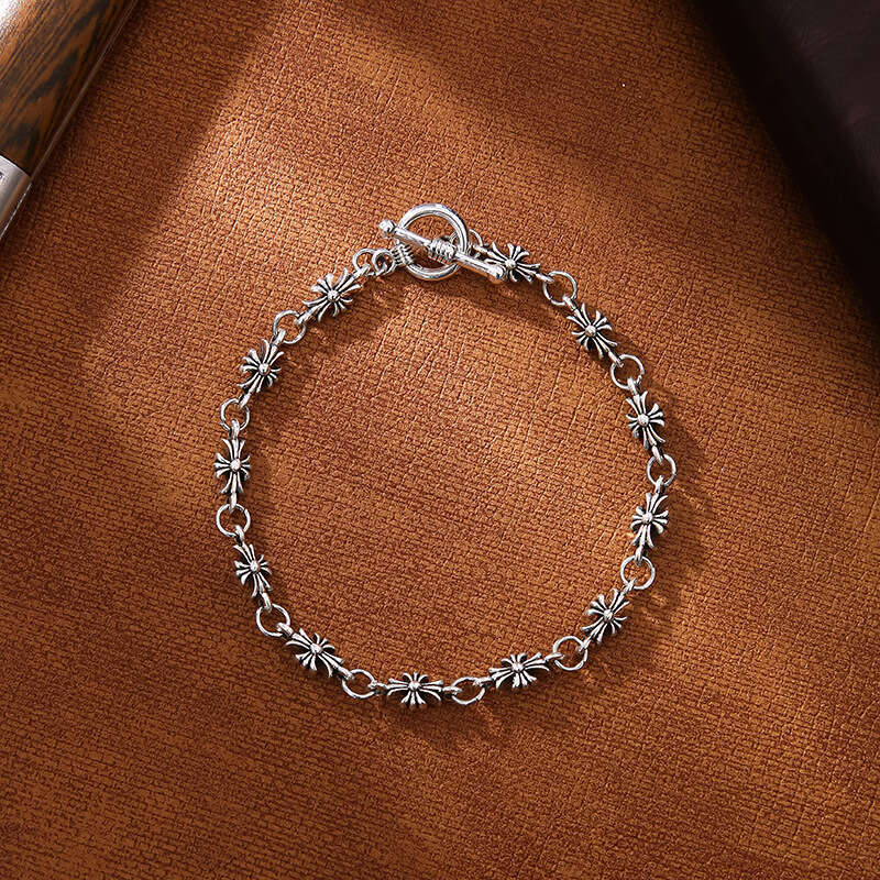 Unisex Vintage Silver Cross Flower Chain Bracelet Gothic Punk Toggle Clasp Jewelry Gothic Minimalist Fashion Jewelry