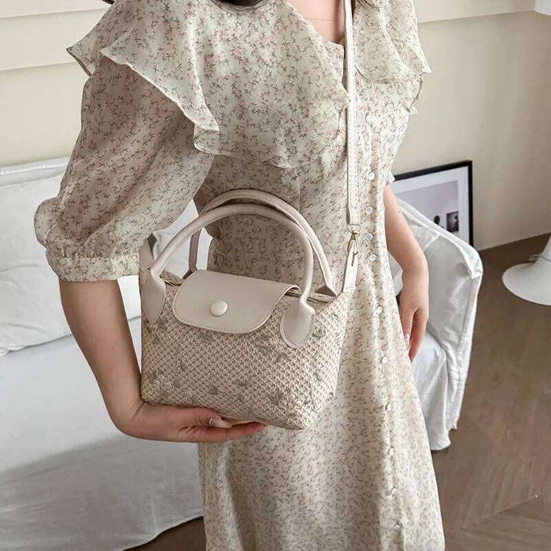 New Casual Straw Shoulder Crossbody Bag, Flower Small Top-handle Bags For Women, Travel Beach Handbags