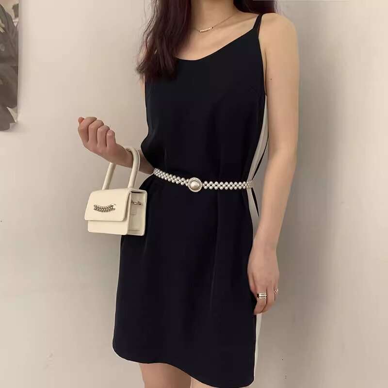 Belt Women Pearl Chain High-End Waist Cincher Korean Style Rhinestone Lazy Elastic Belt Accessory for Dresses Vintage Elegant Waistband