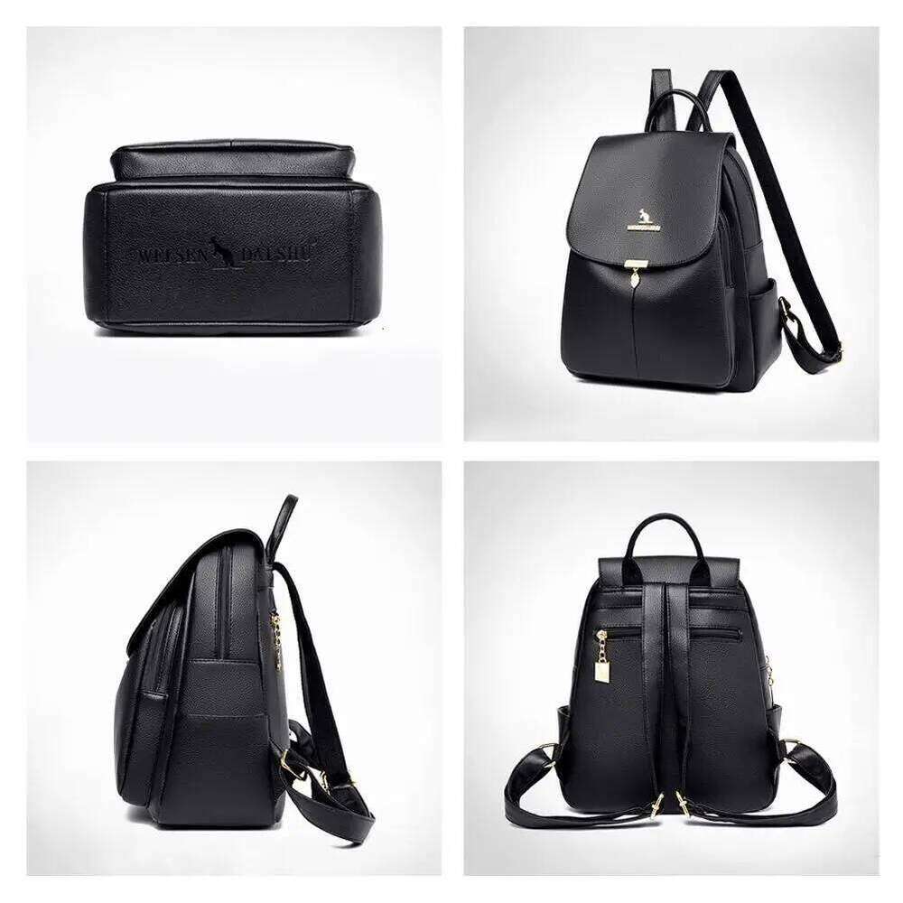 Women's Black backpacks Soft Leather Large capacity Daily Commuting Fashion Travel bag College student schoolbag Z260124