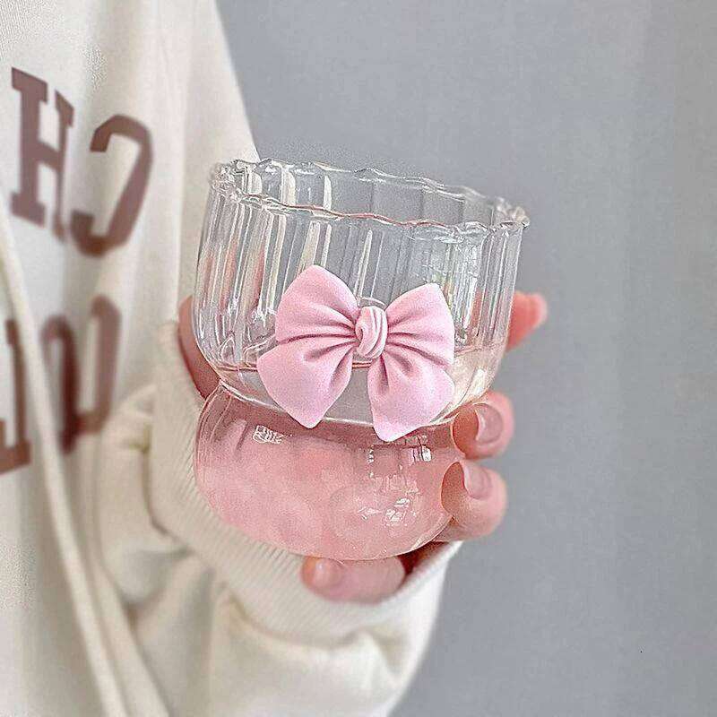 1pcs Pink Water Cartoon Bow Glass Cup Striped Cute Doodle Coffee Mug Household Fruit Tea Lemonade Girls Gift