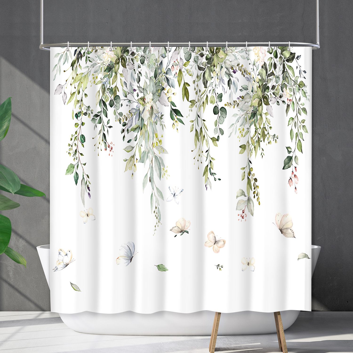 YL-38215 Customized Waterproof Shower Curtain Set with Floral Plants, Flower and Grass Shower Cover, No Drill Required