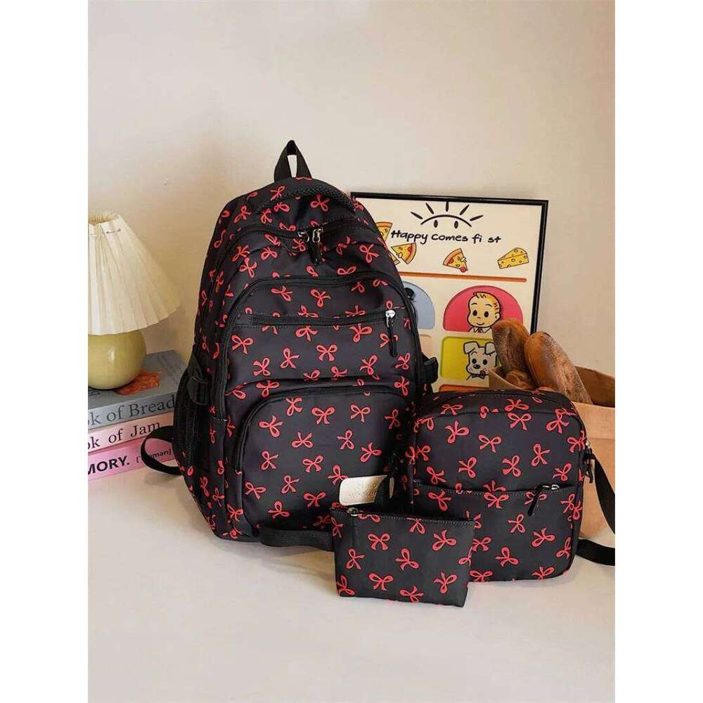 3 Pcs/Set Cute Backpack Large Capacity Bow Print Nylon School Backpacks Waterproof Adjustable Strap Travel Notebook Schoolbag Z260124