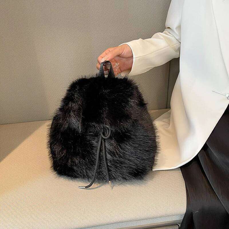 Plush Women Small Cute Drawstring Fluffy Bag Solid Color Soft Knapsack Winter Warm Faux Fur Shoulder Backpack Z260124