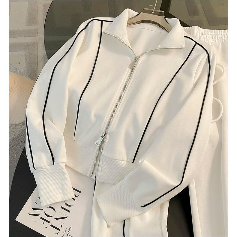 2026 New Women's Casual Sportswear Set Zipper Up Jacket & Wide Leg Pants Two Piece Outfit with Black Stripes - view 5