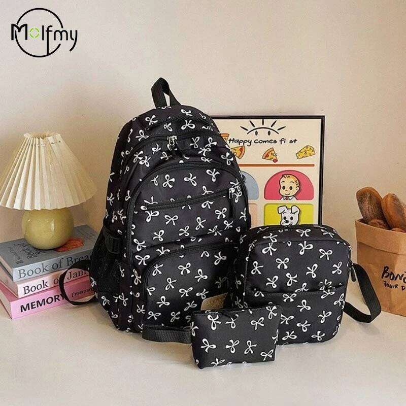 3 Pcs/Set Cute Backpack Large Capacity Bow Print Nylon School Backpacks Waterproof Adjustable Strap Travel Notebook Schoolbag Z260124
