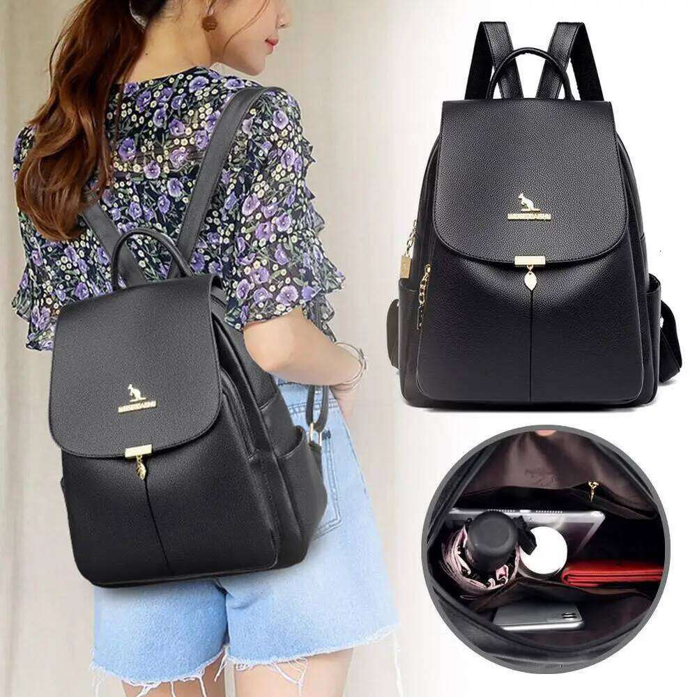 Women's Black backpacks Soft Leather Large capacity Daily Commuting Fashion Travel bag College student schoolbag Z260124