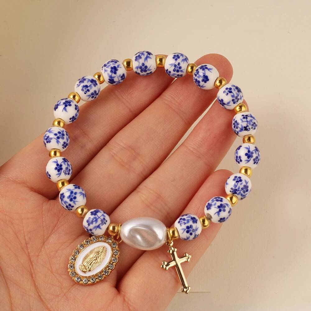 Cross bracelet women men blue porcelain Ceramics beads bangles jesus Ascension day western wear pulseras spring summer jewelry ddmynov