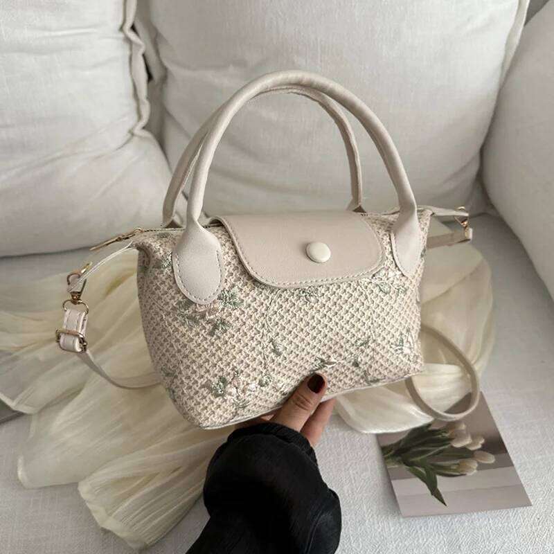 New Casual Straw Shoulder Crossbody Bag, Flower Small Top-handle Bags For Women, Travel Beach Handbags