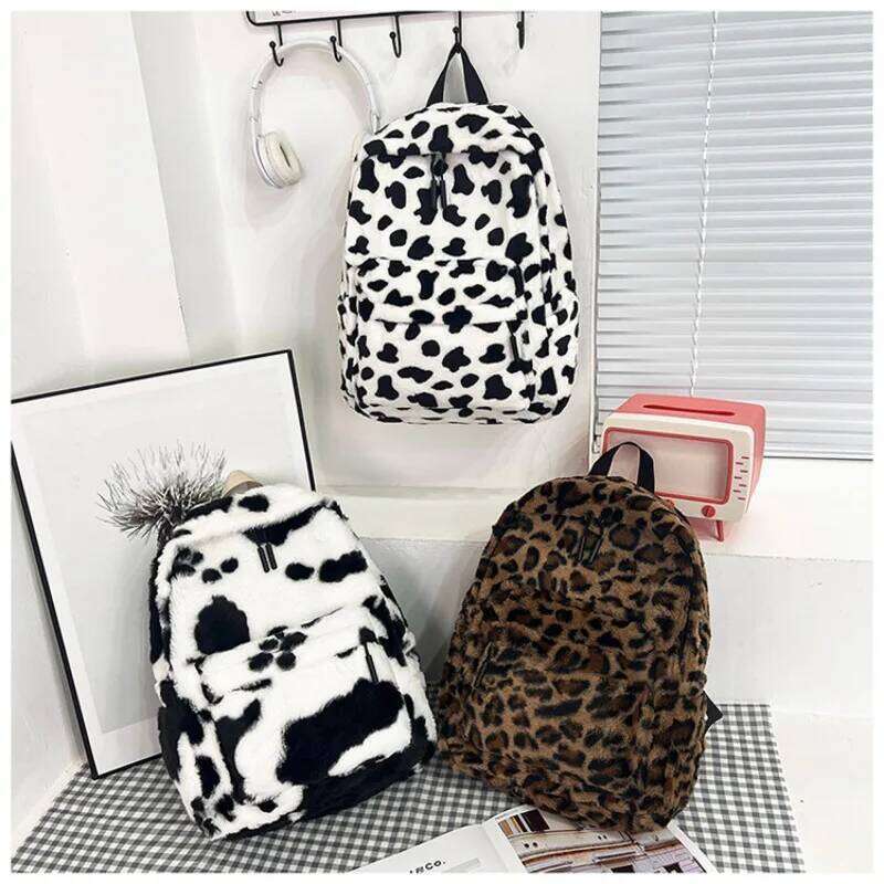 Plush Leopard Teenagers School Bag Large Capacity Fashion Students Bookbag Stylish Shoulder Backpack TravelOutdoor 2025 Z260124