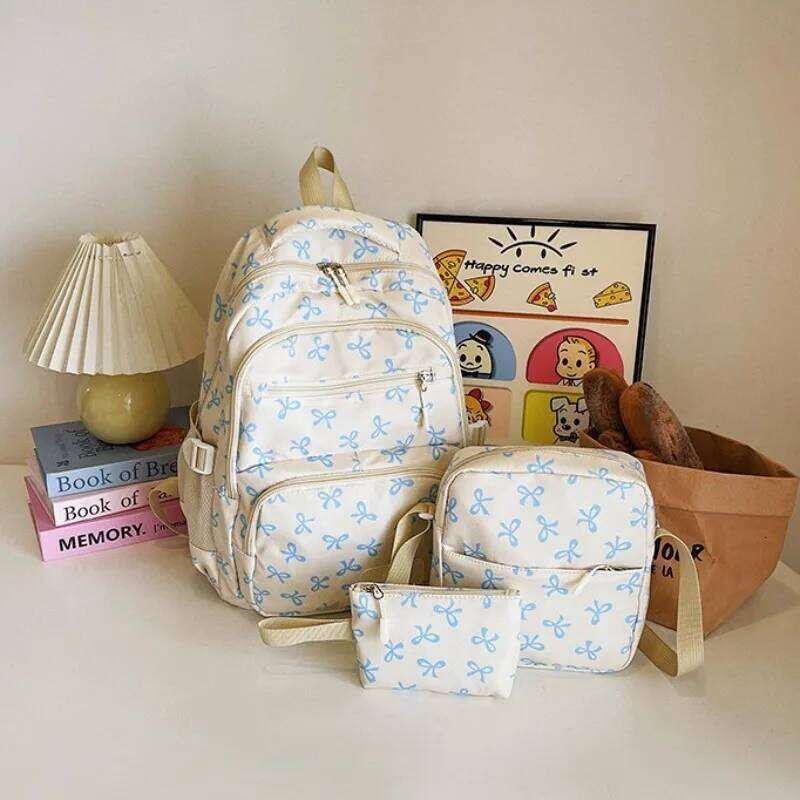 3 Pcs/Set Cute Backpack Large Capacity Bow Print Nylon School Backpacks Waterproof Adjustable Strap Travel Notebook Schoolbag Z260124