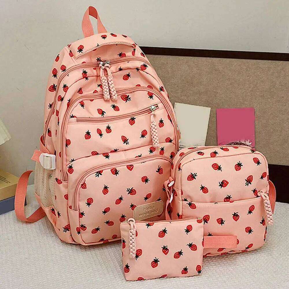 3Pcs/Set Oxford Cloth Cherry Preppy Style Adjustable Laptop Backpack with Lunch Bag & Pencil Case Large Capacity Z260124