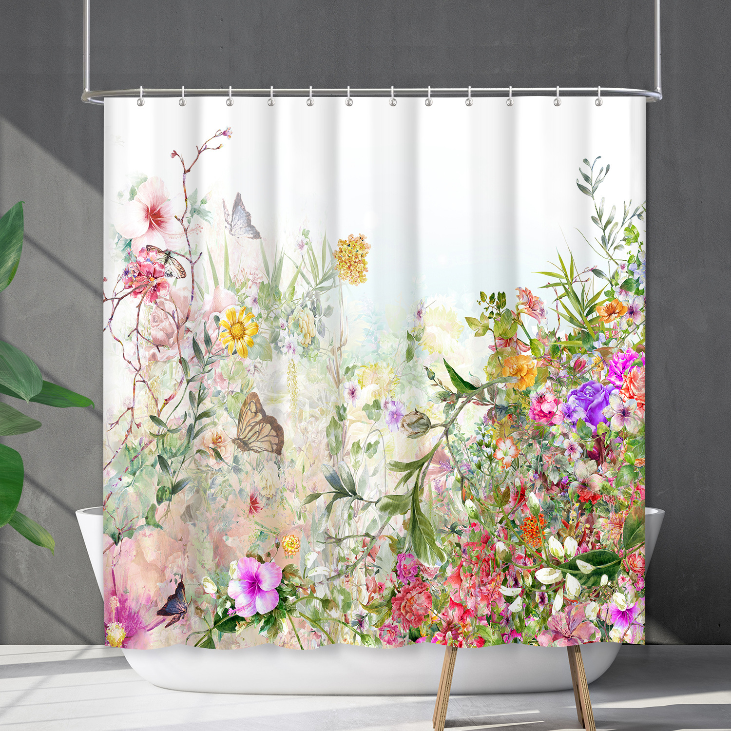 YL-38215 Customized Waterproof Shower Curtain Set with Floral Plants, Flower and Grass Shower Cover, No Drill Required