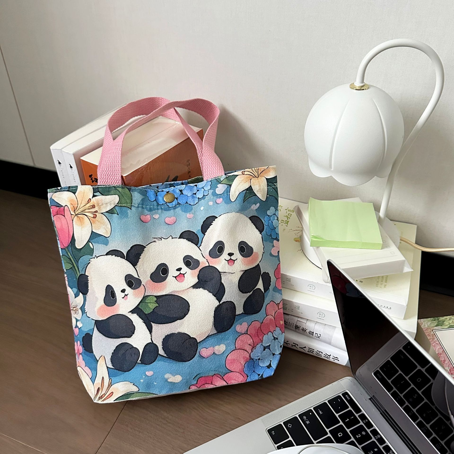 Cute Panda Small Tote Fashionable Outing Canvas Cartoon Lunch Bag Commuting Fashion Gift Handbag