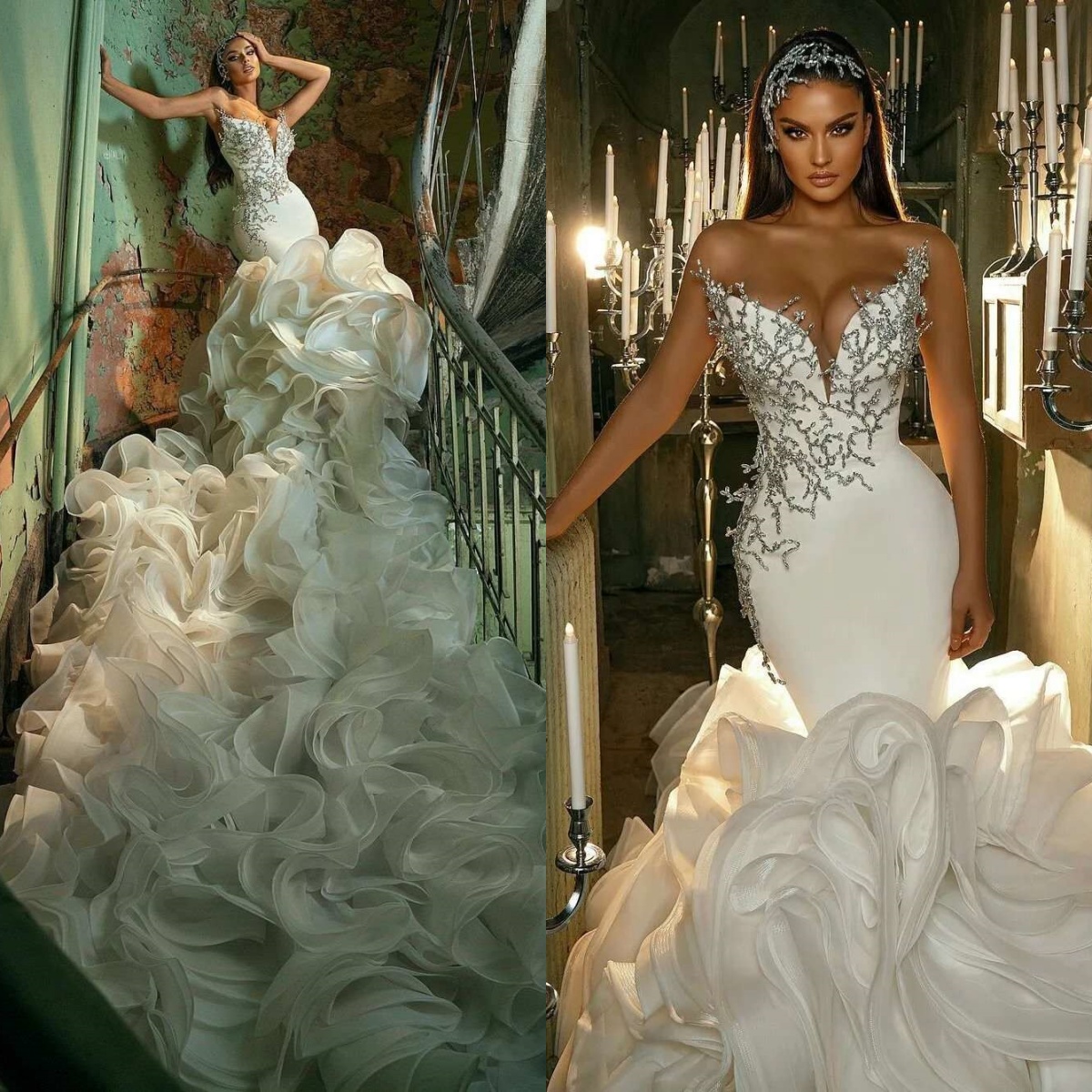 Gorgeous Mermaid Wedding Dresses Crystal Strapless Sleeveless Bride Dress Sexy Ruffles Ruched Sweep Train Bridal Dress Customized