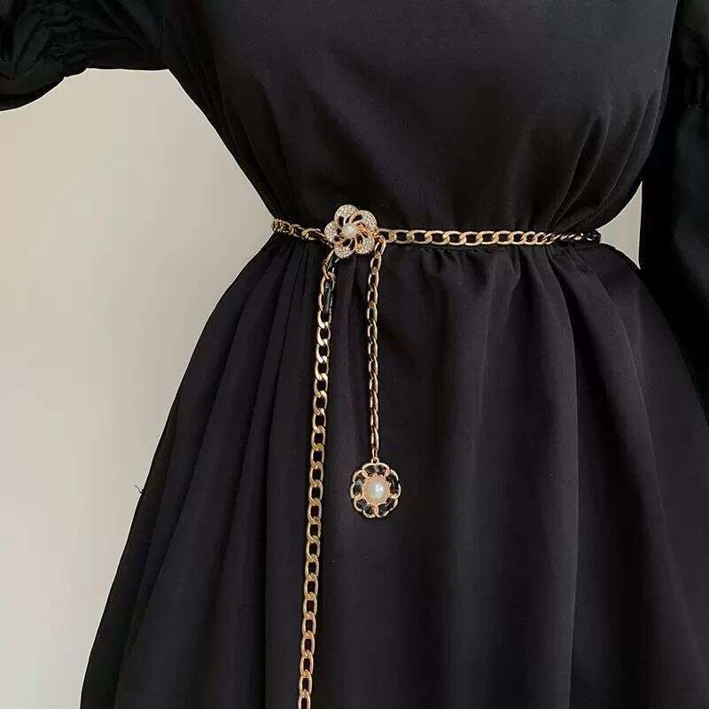 Fashion Accessory Belt Women Women's Camellia Pearl Chain Waistband Elegant Decorative Belt for Dresses Skirts