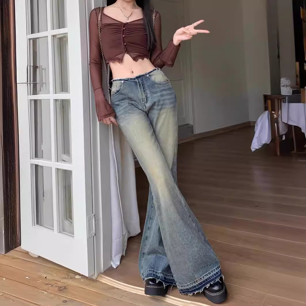 Niche Style Washed Gradient Blue High Elasticity Floor-length Casual Micro-flare Slimming Denim Jeans For Men Women Trendy 240823