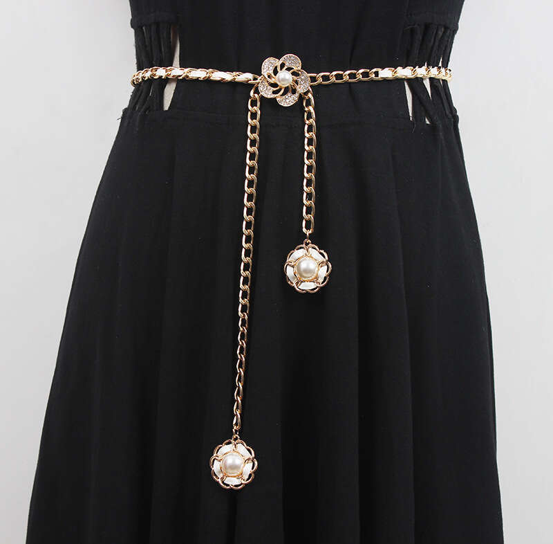 Fashion Accessory Belt Women Women's Camellia Pearl Chain Waistband Elegant Decorative Belt for Dresses Skirts