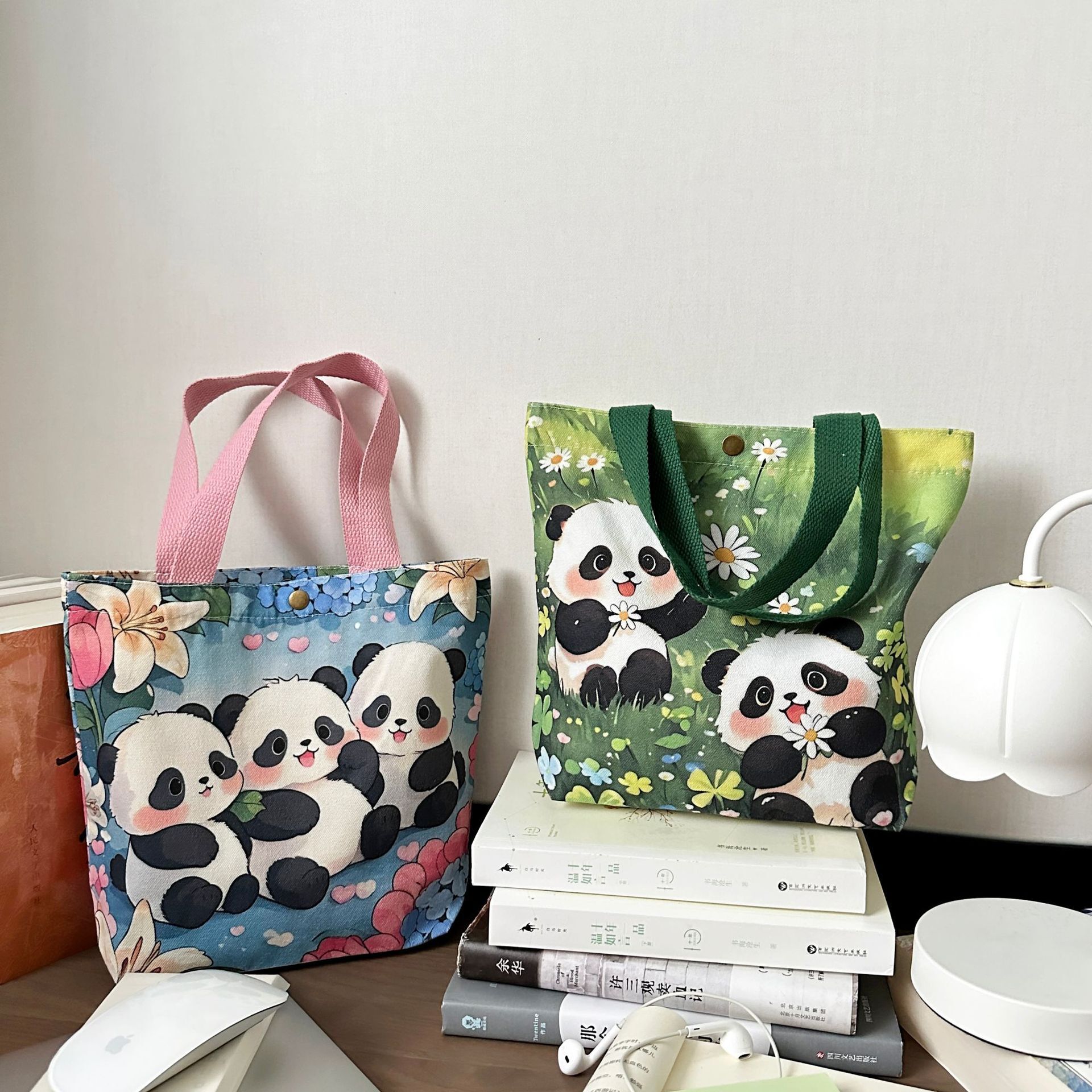 Cute Panda Small Tote Fashionable Outing Canvas Cartoon Lunch Bag Commuting Fashion Gift Handbag