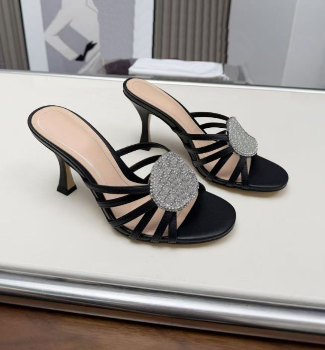 Women's leather slim strap high-heeled slippers fashionable rhinestone buckle open toe sandals runway parties weddings 35-43