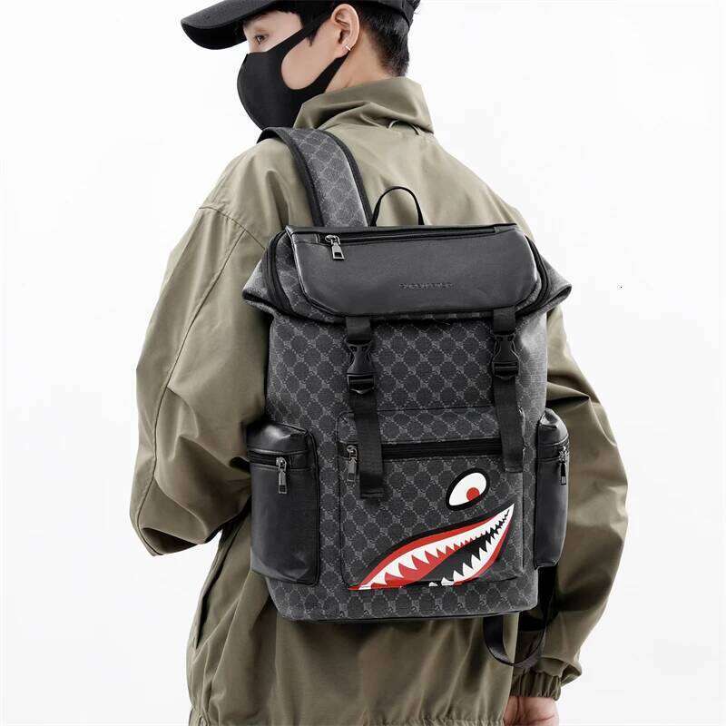 New Stylish Youth Street Gothic Shark Pattern Men's Backpacks Large Capacity Plaid Teenage Student School Backpack Z260124